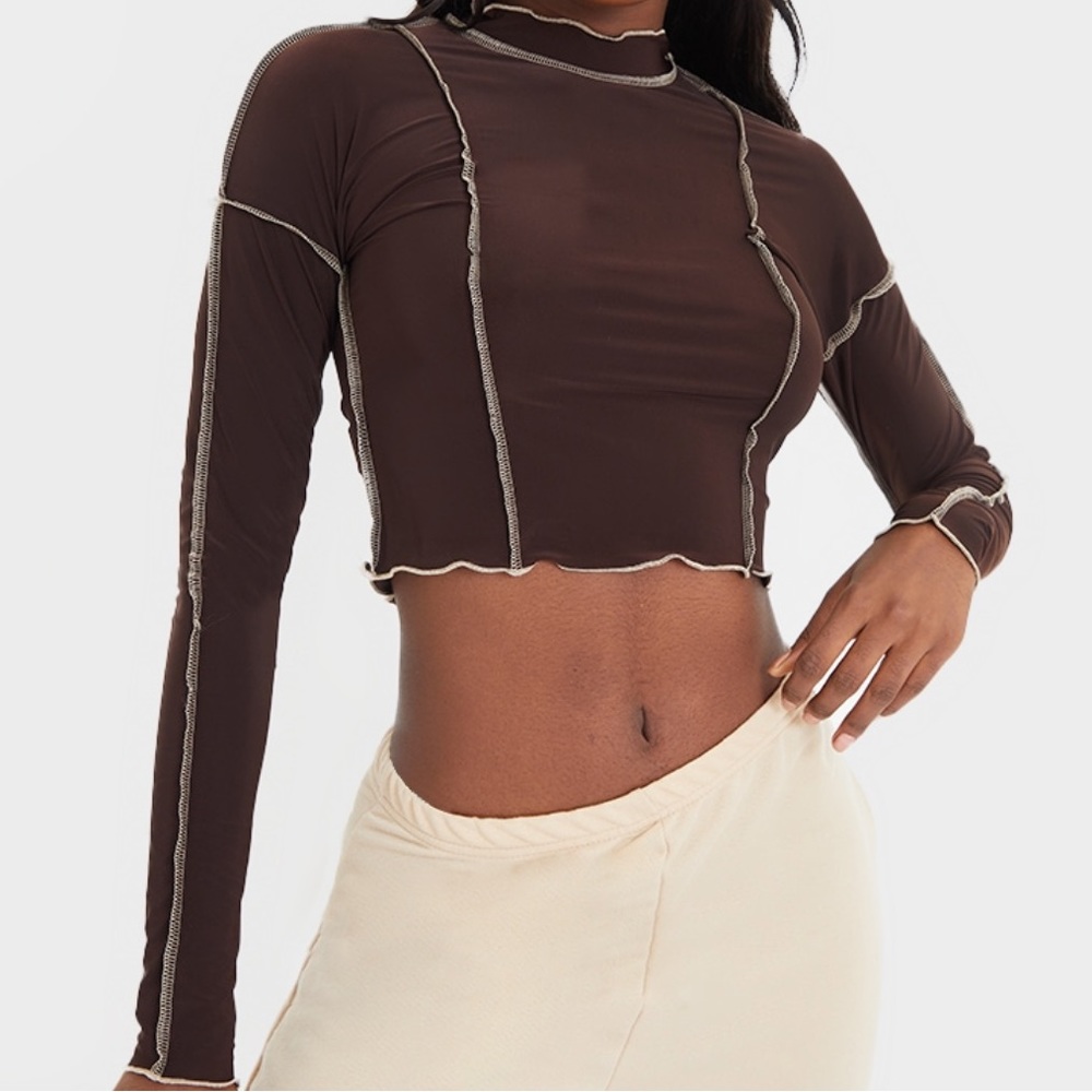 PLT Chocolate Brown Expose Seam Crop Long Sleeve Slinky Top